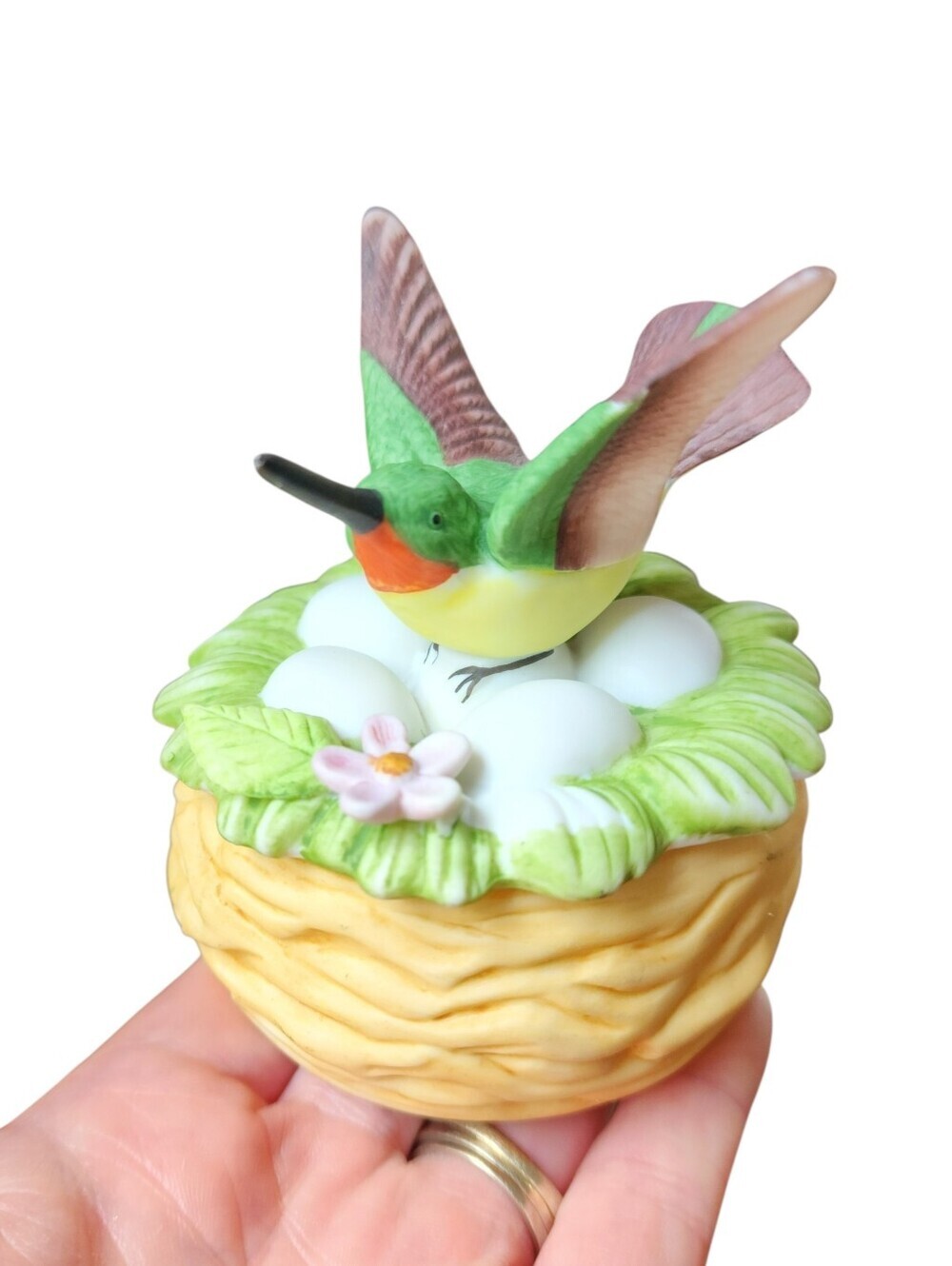 Vintage Lefton Hummingbird Trinket Box w/ Nest Figurine 3.5" 1987 Dresser Jar